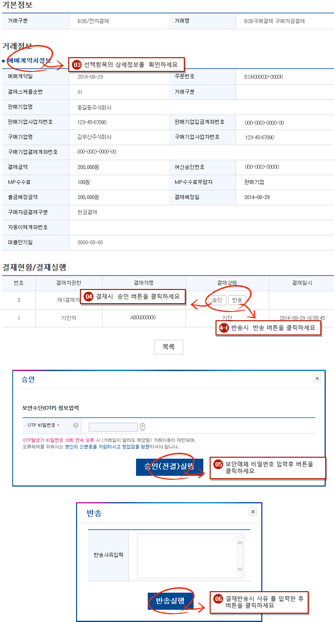 결재진행내역 예시화면 2단계입니다.