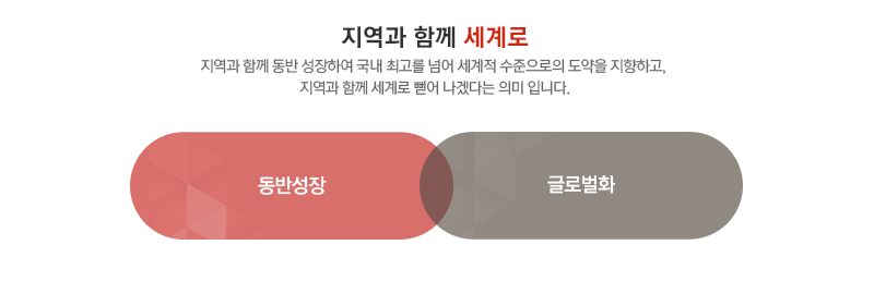 지역과 함께 세계로- 지역과 함께 동반 성장하여 국내 최고를 넘어 세계적 수준으로의 도약을 지향하고, 지역과 함께 세계로 뻗어 나겠다는 의미 입니다.